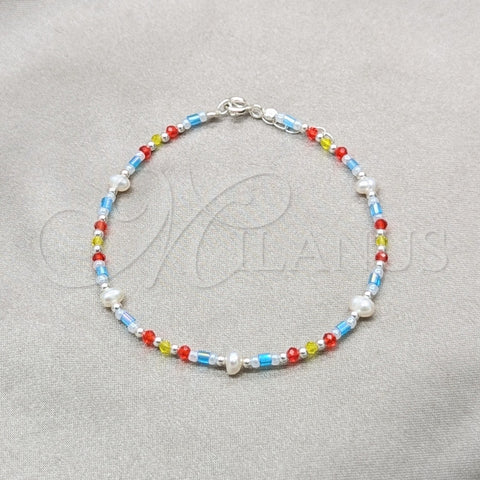 Sterling Silver Fancy Bracelet, Ball Design, with White Pearl and Multicolor Crystal, Polished, Silver Finish, 03.426.0056.07