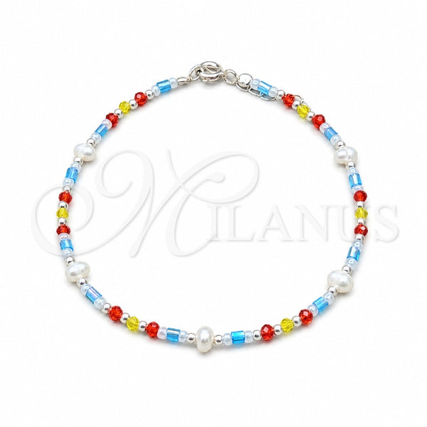 Sterling Silver Fancy Bracelet, Ball Design, with White Pearl and Multicolor Crystal, Polished, Silver Finish for wholesale, main product view