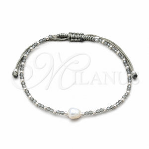 Sterling Silver Adjustable Bolo Bracelet, Ball Design, with White Pearl and Light Grey Opal Crystal, Algodón, Silver Finish, 03.426.0065.07 (08 MM Thickness, 7 Inches Length)