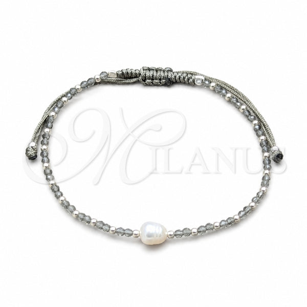 Sterling Silver Adjustable Bolo Bracelet, Ball Design, with White Pearl and Light Grey Opal Crystal, Algodón, Silver Finish, 03.426.0065.07 (08 MM Thickness, 7 Inches Length)