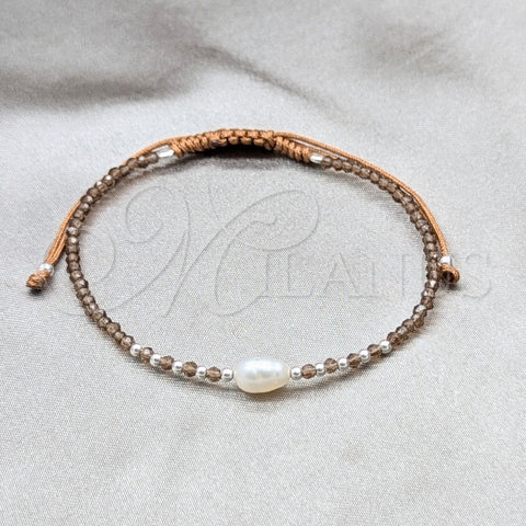 Sterling Silver Adjustable Bolo Bracelet, Ball Design, with White Pearl and Light Brown Crystal, Silver Finish, 03.426.0064.1.07