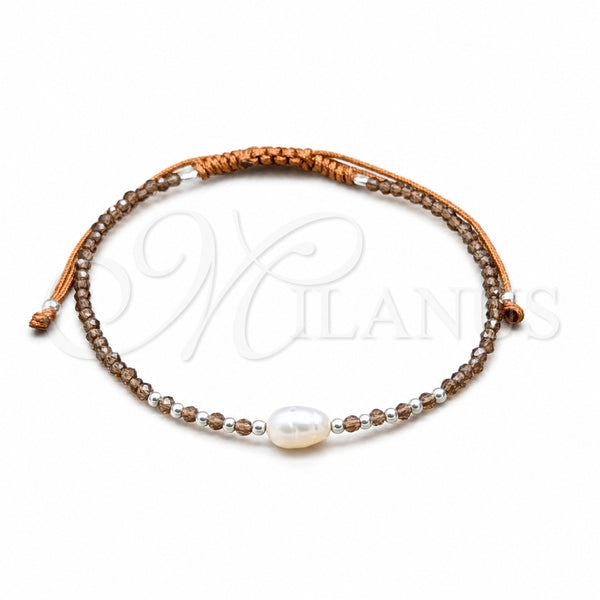 Sterling Silver Adjustable Bolo Bracelet, Ball Design, with White Pearl and Light Brown Crystal, Algodón, Silver Finish, 03.426.0064.1.07 (08 MM Thickness, 7 Inches Length)