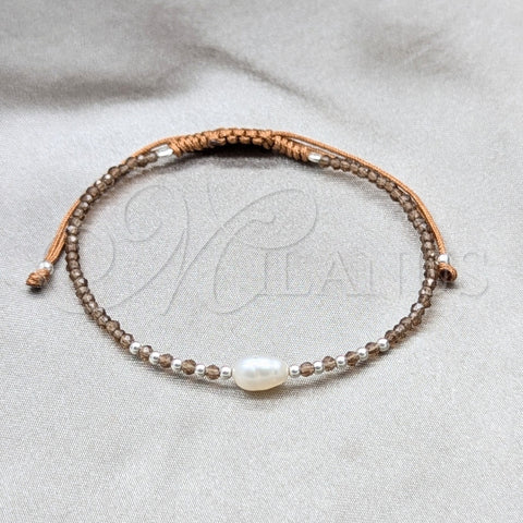 Sterling Silver Adjustable Bolo Bracelet, Ball Design, with White Pearl and Light Brown Crystal, Algodón, Silver Finish, 03.426.0064.1.07 (08 MM Thickness, 7 Inches Length)