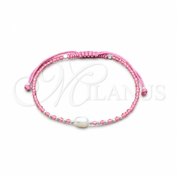 Sterling Silver Adjustable Bolo Bracelet, Ball Design, with White Pearl and Light Rhodolite Crystal, Algodón, Silver Finish, 03.426.0064.2.07 (08 MM Thickness, 7 Inches Length)
