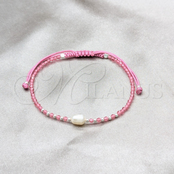 Sterling Silver Adjustable Bolo Bracelet, Ball Design, with White Pearl and Light Rhodolite Crystal, Algodón, Silver Finish, 03.426.0064.2.07 (08 MM Thickness, 7 Inches Length)