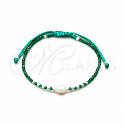 Sterling Silver Adjustable Bolo Bracelet, Ball Design, with White Pearl and Green Crystal, Algodón, Silver for wholesale, main product view