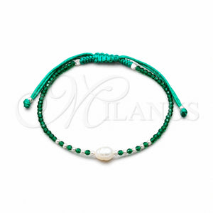 Sterling Silver Adjustable Bolo Bracelet, Ball Design, with White Pearl and Green Crystal, Algodón, Silver Finish, 03.426.0064.3.07 (08 MM Thickness, 7 Inches Length)