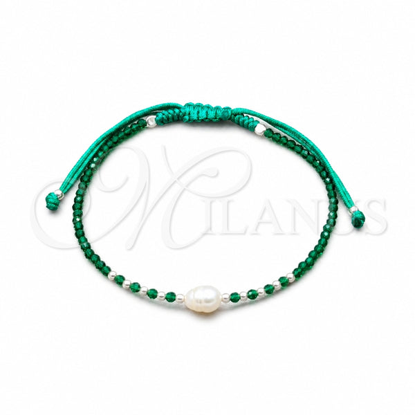 Sterling Silver Adjustable Bolo Bracelet, Ball Design, with White Pearl and Green Crystal, Algodón, Silver Finish, 03.426.0064.3.07 (08 MM Thickness, 7 Inches Length)