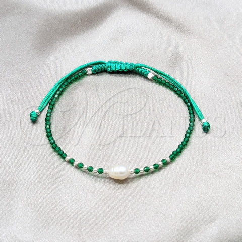 Sterling Silver Adjustable Bolo Bracelet, Ball Design, with White Pearl and Green Crystal, Algodón, Silver Finish, 03.426.0064.3.07 (08 MM Thickness, 7 Inches Length)
