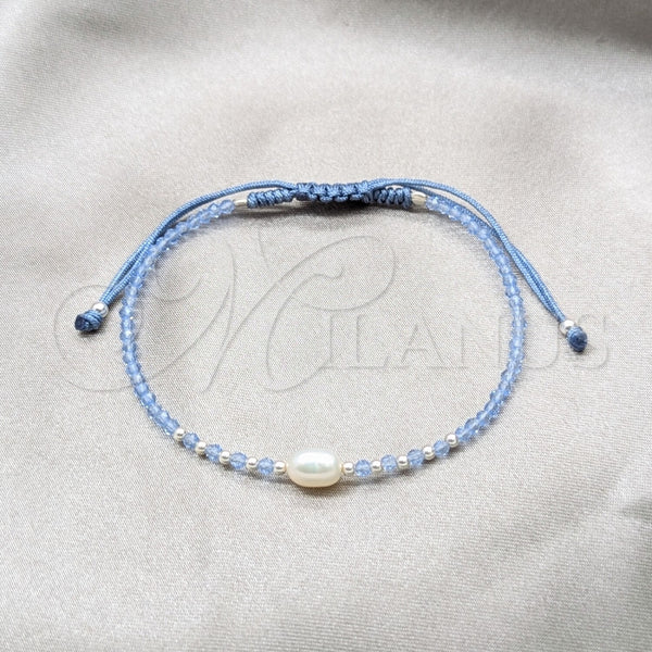 Sterling Silver Adjustable Bolo Bracelet, Ball Design, with White Pearl and Light Sapphire Crystal, Silver Finish, 03.426.0064.4.07