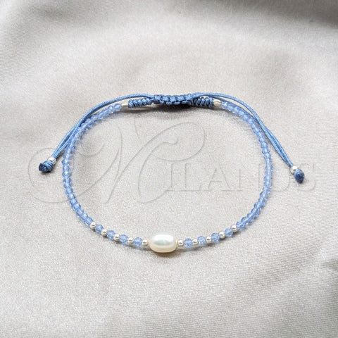Sterling Silver Adjustable Bolo Bracelet, Ball Design, with White Pearl and Light Sapphire Crystal, Silver Finish, 03.426.0064.4.07