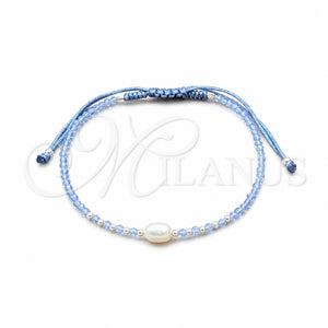 Sterling Silver Adjustable Bolo Bracelet, Ball Design, with White Pearl and Light Sapphire Crystal, Algodón, Silver Finish, 03.426.0064.4.07 (08 MM Thickness, 7 Inches Length)