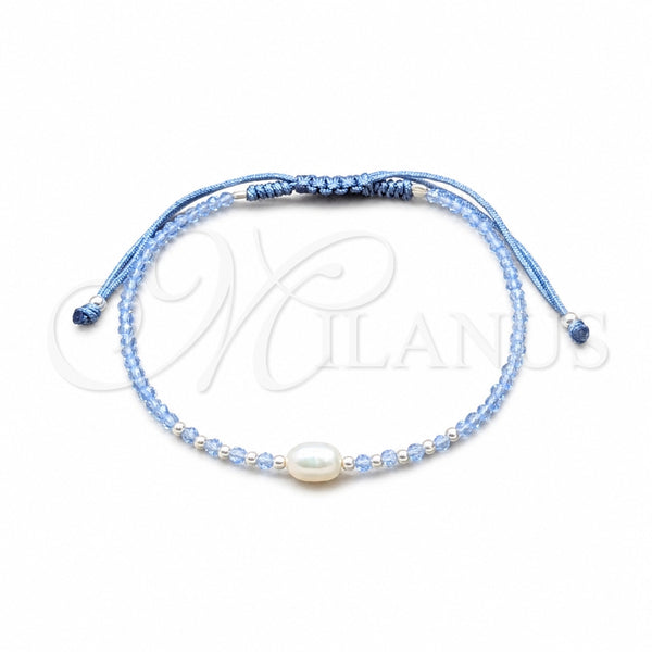 Sterling Silver Adjustable Bolo Bracelet, Ball Design, with White Pearl and Light Sapphire Crystal, Algodón, Silver Finish, 03.426.0064.4.07 (08 MM Thickness, 7 Inches Length)