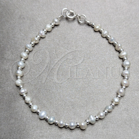 Sterling Silver Fancy Bracelet, Ball Design, with White Pearl, Polished, Silver Finish, 04.392.0001.07 (06 MM Thickness, 7 Inches Length)
