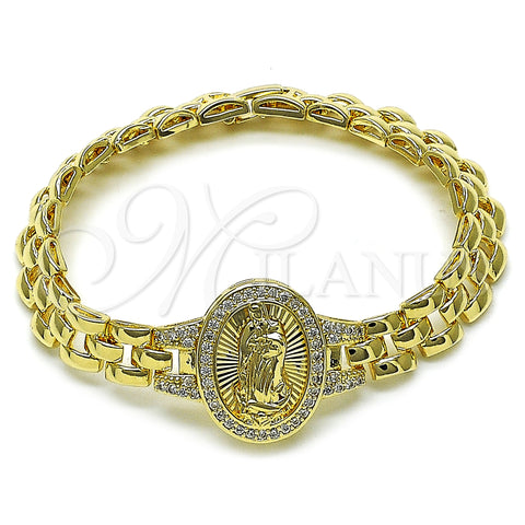 Oro Laminado Fancy Bracelet, Gold Filled Style Guadalupe Design, with White Cubic Zirconia, Diamond Cutting Finish, Golden Finish, 03.97.0001.08 (09 MM Thickness, 8 Inches Length)