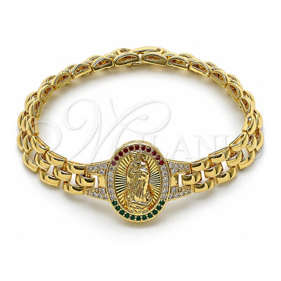Oro Laminado Fancy Bracelet, Gold Filled Style Guadalupe Design, with Multicolor Cubic Zirconia, Diamond Cutting Finish, Golden Finish, 03.97.0001.1.08 (09 MM Thickness, 8 Inches Length)