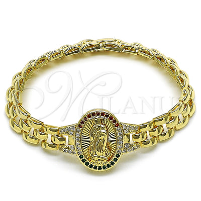 Oro Laminado Fancy Bracelet, Gold Filled Style Guadalupe Design, with Multicolor Cubic Zirconia, Diamond Cutting Finish, Golden Finish, 03.97.0001.1.08 (09 MM Thickness, 8 Inches Length)