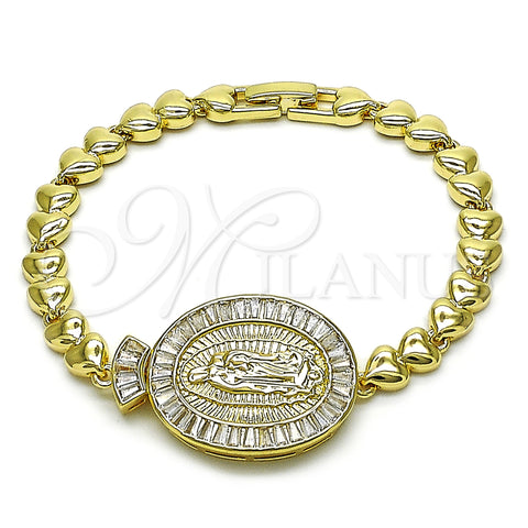 Oro Laminado Fancy Bracelet, Gold Filled Style Guadalupe and Baguette Design, with White Cubic Zirconia, Diamond Cutting Finish, Golden Finish, 03.97.0003.08 (07 MM Thickness, 8 Inches Length)