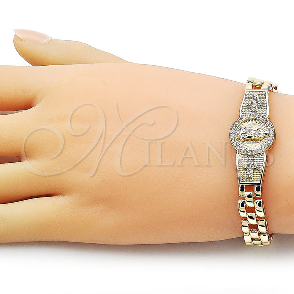 Gold Filled Bracelet — Fancy Bracelet Guadalupe and Cross Design with White — alternate product view — SKU 158651 | Oro Laminado brazalete — elegante Bracelet Guadalupe and cruz diseño with blanco — SKU 158651