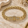 Oro Laminado Fancy Bracelet, Gold Filled Style Guadalupe and Cross Design, with White Cubic Zirconia, Diamond Cutting Finish, Golden Finish, 03.97.0004.08 (09 MM Thickness, 8 Inches Length)