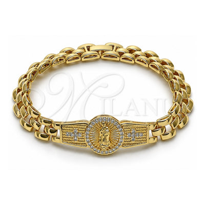 Oro Laminado Fancy Bracelet, Gold Filled Style Guadalupe and Cross Design, with White Cubic Zirconia, Diamond Cutting Finish, Golden Finish, 03.97.0004.08 (09 MM Thickness, 8 Inches Length)