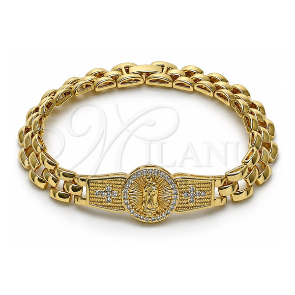 Oro Laminado Fancy Bracelet, Gold Filled Style Guadalupe and Cross Design, with White Cubic Zirconia, Diamond Cutting Finish, Golden Finish, 03.97.0004.08 (09 MM Thickness, 8 Inches Length)