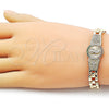 Oro Laminado Fancy Bracelet, Gold Filled Style Guadalupe and Cross Design, with Multicolor and White Cubic Zirconia, Diamond Cutting Finish, Golden Finish, 03.97.0004.1.08 (09 MM Thickness, 8 Inches Length)
