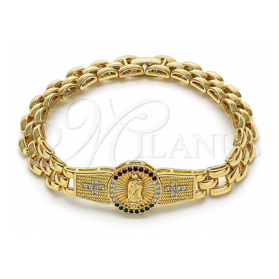 Oro Laminado Fancy Bracelet, Gold Filled Style Guadalupe and Cross Design, with Multicolor and White Cubic Zirconia, Diamond Cutting Finish, Golden Finish, 03.97.0004.1.08 (09 MM Thickness, 8 Inches Length)