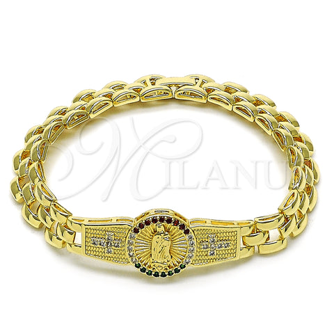 Oro Laminado Fancy Bracelet, Gold Filled Style Guadalupe and Cross Design, with Multicolor and White Cubic Zirconia, Diamond Cutting Finish, Golden Finish, 03.97.0004.1.08 (09 MM Thickness, 8 Inches Length)