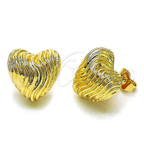 Oro Laminado Stud Earring, Gold Filled Style Heart Design, Diamond Cutting Finish, Golden Finish, 02.202.0008