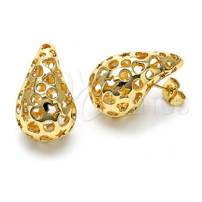 Oro Laminado Stud Earring, Gold Filled Style Teardrop and Heart Design, Polished, Golden Finish, 02.202.0016