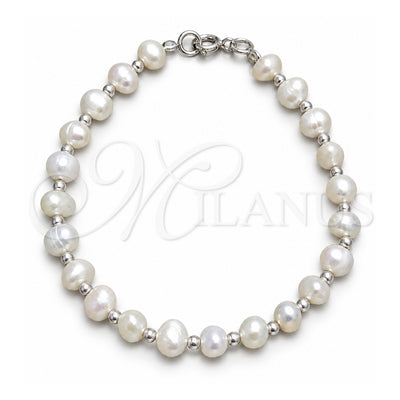 Sterling Silver Fancy Bracelet, Ball Design, with White Pearl, Polished, Silver Finish, 03.392.0027.07 (08 MM Thickness, 7 Inches Length)