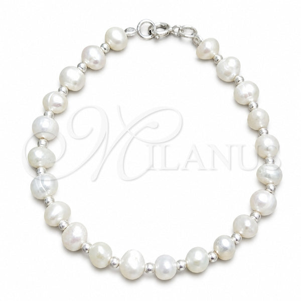 Sterling Silver Fancy Bracelet, Ball Design, with White Pearl, Polished, Silver Finish, 03.392.0027.07 (08 MM Thickness, 7 Inches Length)