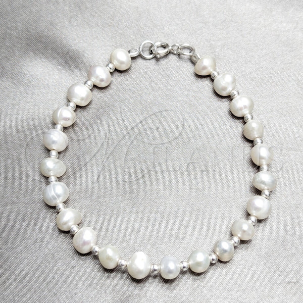 Sterling Silver Bracelet — Fancy Bracelet Ball Design with White Pearl Polished — main product view — SKU 158732 | Plata 925 brazalete — elegante Bracelet Ball diseño with blanco Pearl pulido — SKU 158732