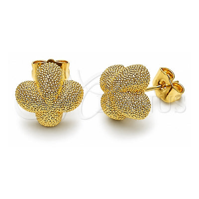 Oro Laminado Stud Earring, Gold Filled Style Flower and Four-leaf Clover Design, Matte Finish, Golden Finish, 02.428.0016