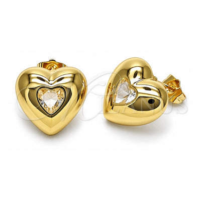Oro Laminado Stud Earring, Gold Filled Style Heart Design, with White Cubic Zirconia, Polished, Golden Finish, 02.163.0373