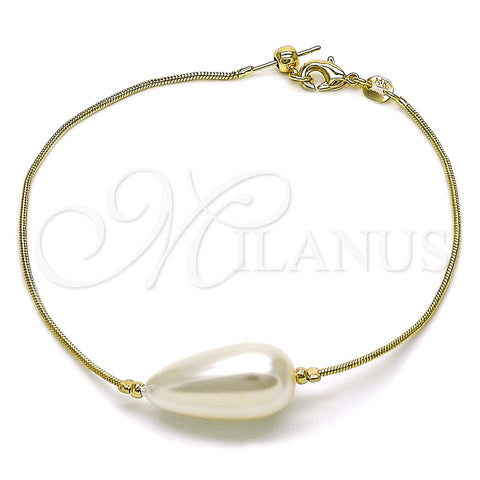 Oro Laminado Fancy Bracelet, Gold Filled Style Teardrop and Rat Tail Design, with Ivory Pearl, Polished, Golden Finish, 03.63.2291.08 (01 MM Thickness, 8 Inches Length)