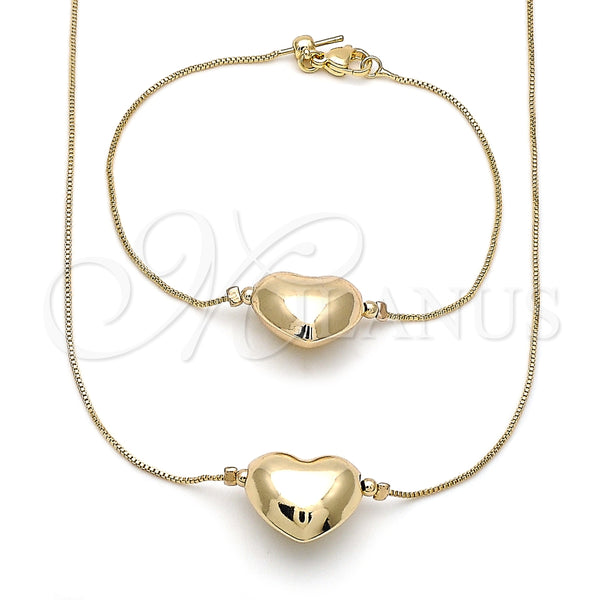 Oro Laminado Necklace and Bracelet, Gold Filled Style Heart and Box Design, Polished, Golden Finish, 06.63.0292