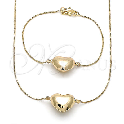 Oro Laminado Necklace and Bracelet, Gold Filled Style Heart and Box Design, Polished, Golden Finish, 06.63.0292 for wholesale, main product view