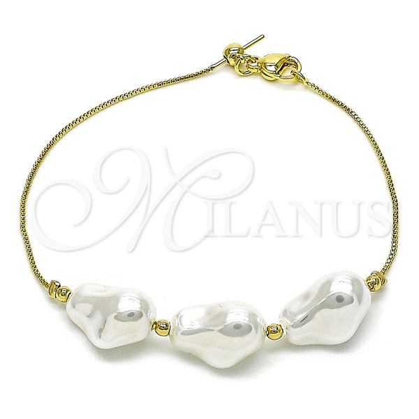 Oro Laminado Fancy Bracelet, Gold Filled Style Rat Tail Design, with Ivory Pearl, Polished, Golden Finish, 03.63.2298.08 (01 MM Thickness, 8 Inches Length)