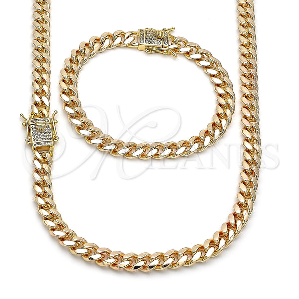 Oro Laminado Necklace and Bracelet, Gold Filled Style Miami Cuban Design, with White Micro Pave, Polished, Golden Finish, 06.63.0297