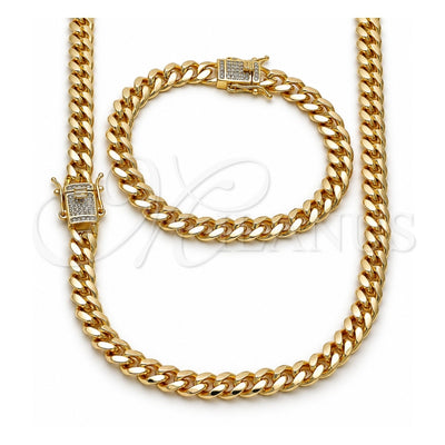 Oro Laminado Necklace and Bracelet, Gold Filled Style Miami Cuban Design, with White Micro Pave, Polished, Golden Finish, 06.63.0297