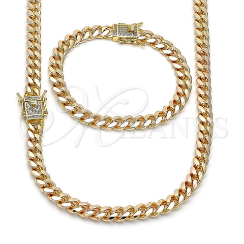 Oro Laminado Necklace and Bracelet, Gold Filled Style Miami Cuban Design, with White Micro Pave, Polished, Golden Finish, 06.63.0297
