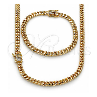 Oro Laminado Necklace and Bracelet, Gold Filled Style Miami Cuban Design, with White Micro Pave, Polished, Golden Finish, 06.63.0298