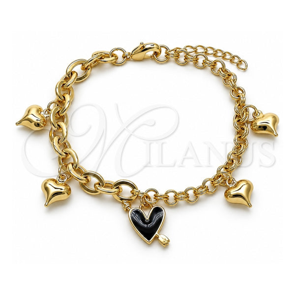 Oro Laminado Charm Bracelet, Gold Filled Style Heart Design, Black Enamel Finish, Golden Finish, 03.213.0320.07 (07 MM Thickness, 7 Inches Length)