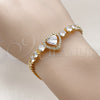Oro Laminado Fancy Bracelet, Gold Filled Style Heart and Miami Cuban Design, with White Cubic Zirconia, Polished, Golden Finish, 03.283.0448.07