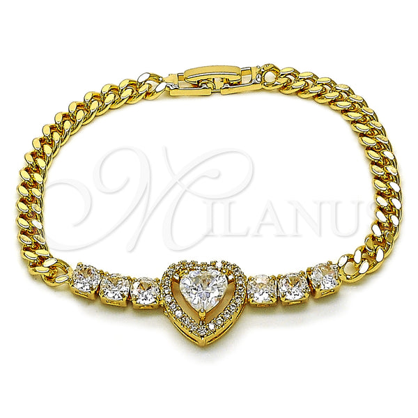 Oro Laminado Fancy Bracelet, Gold Filled Style Heart and Miami Cuban Design, with White Cubic Zirconia, Polished, Golden Finish, 03.283.0448.07 (05 MM Thickness, 7 Inches Length)