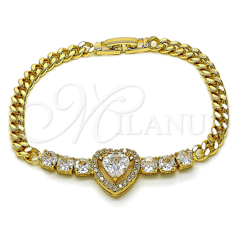 Oro Laminado Fancy Bracelet, Gold Filled Style Heart and Miami Cuban Design, with White Cubic Zirconia, Polished, Golden Finish, 03.283.0448.07 (05 MM Thickness, 7 Inches Length)