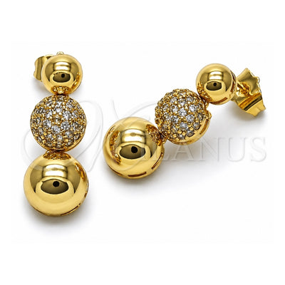 Oro Laminado Stud Earring, Gold Filled Style Ball Design, with White Micro Pave, Polished, Golden Finish, 02.283.0217