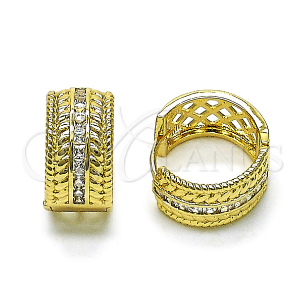 Oro Laminado Huggie Hoop, Gold Filled Style Twist Design, with White Cubic Zirconia, Polished, Golden Finish, 02.283.0219.20